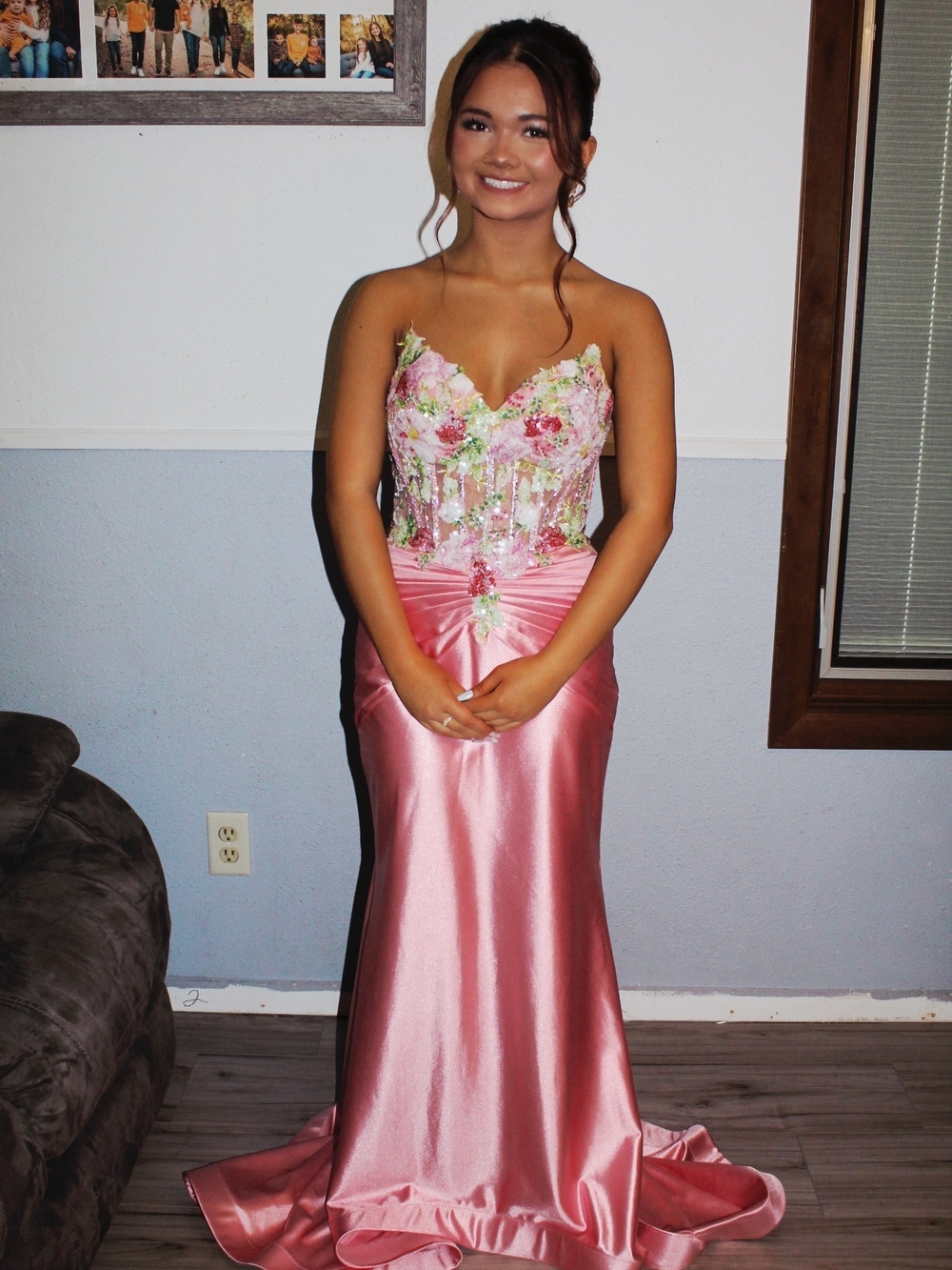 Jovani Pink Floral Appliqué Satin Prom Gown